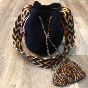 WAYUU Mochila Handmade Crochet Boho Bag Navy Blue Orange Tassel